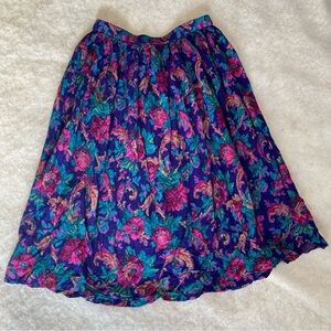 Vtg 90s Midi Jewel Tone Floral Skirt Stretch Waist Cottagecore Grandma Size S/M
